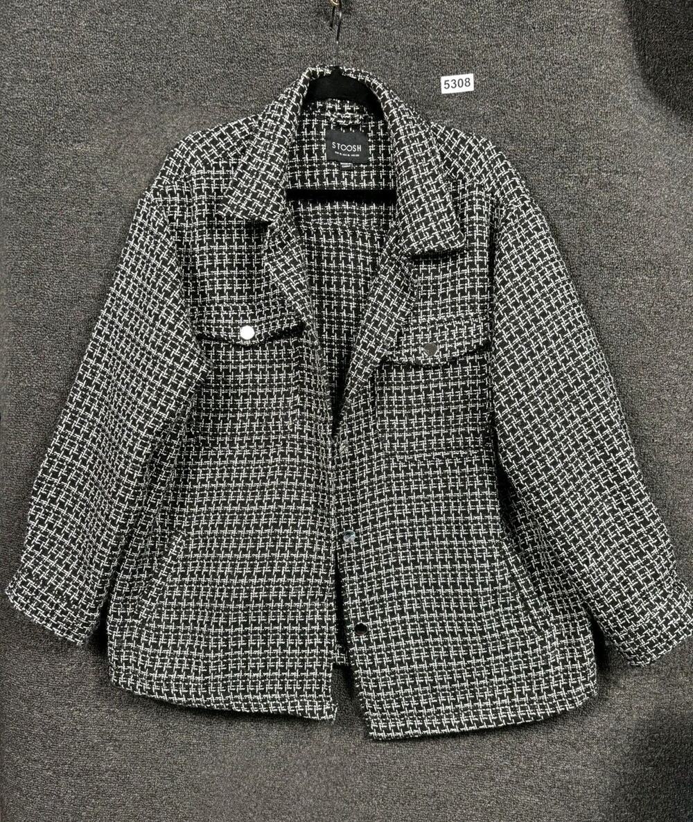 STOOSH Jacket Womens XL Black White Tweed Boucle Shacket Check Snap Front Warm